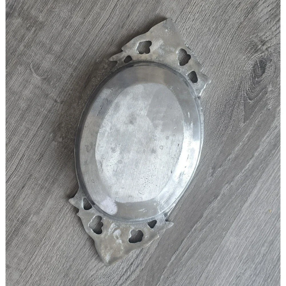 Vintage Hand Made Mexico Aluminum Metal Serving Tray Platter oval Handles